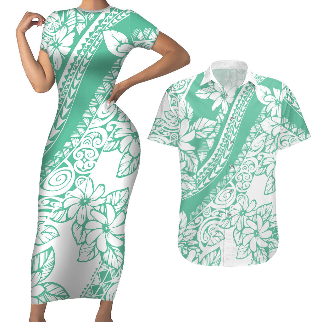 Polynesian Tiare Flower Cyan Pastel Vibes Couples Matching Short Sleeve Bodycon Dress and Hawaiian Shirt