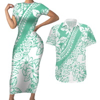 Polynesian Tiare Flower Cyan Pastel Vibes Couples Matching Short Sleeve Bodycon Dress and Hawaiian Shirt