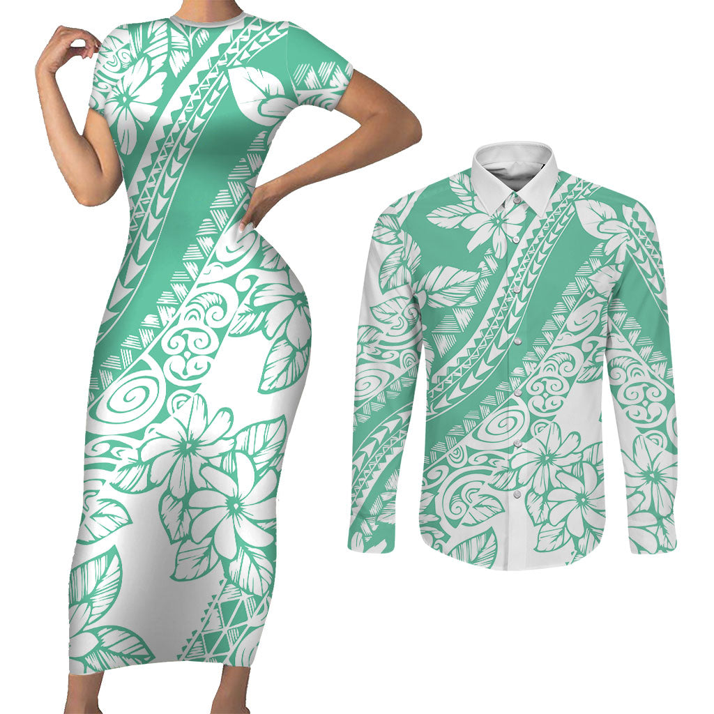 Polynesian Tiare Flower Cyan Pastel Vibes Couples Matching Short Sleeve Bodycon Dress and Long Sleeve Button Shirt
