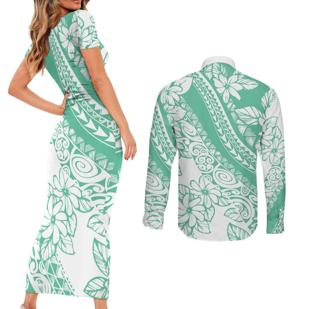 Polynesian Tiare Flower Cyan Pastel Vibes Couples Matching Short Sleeve Bodycon Dress and Long Sleeve Button Shirt