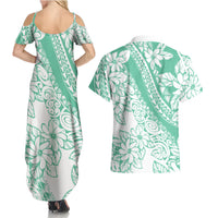 Polynesian Tiare Flower Cyan Pastel Vibes Couples Matching Summer Maxi Dress and Hawaiian Shirt
