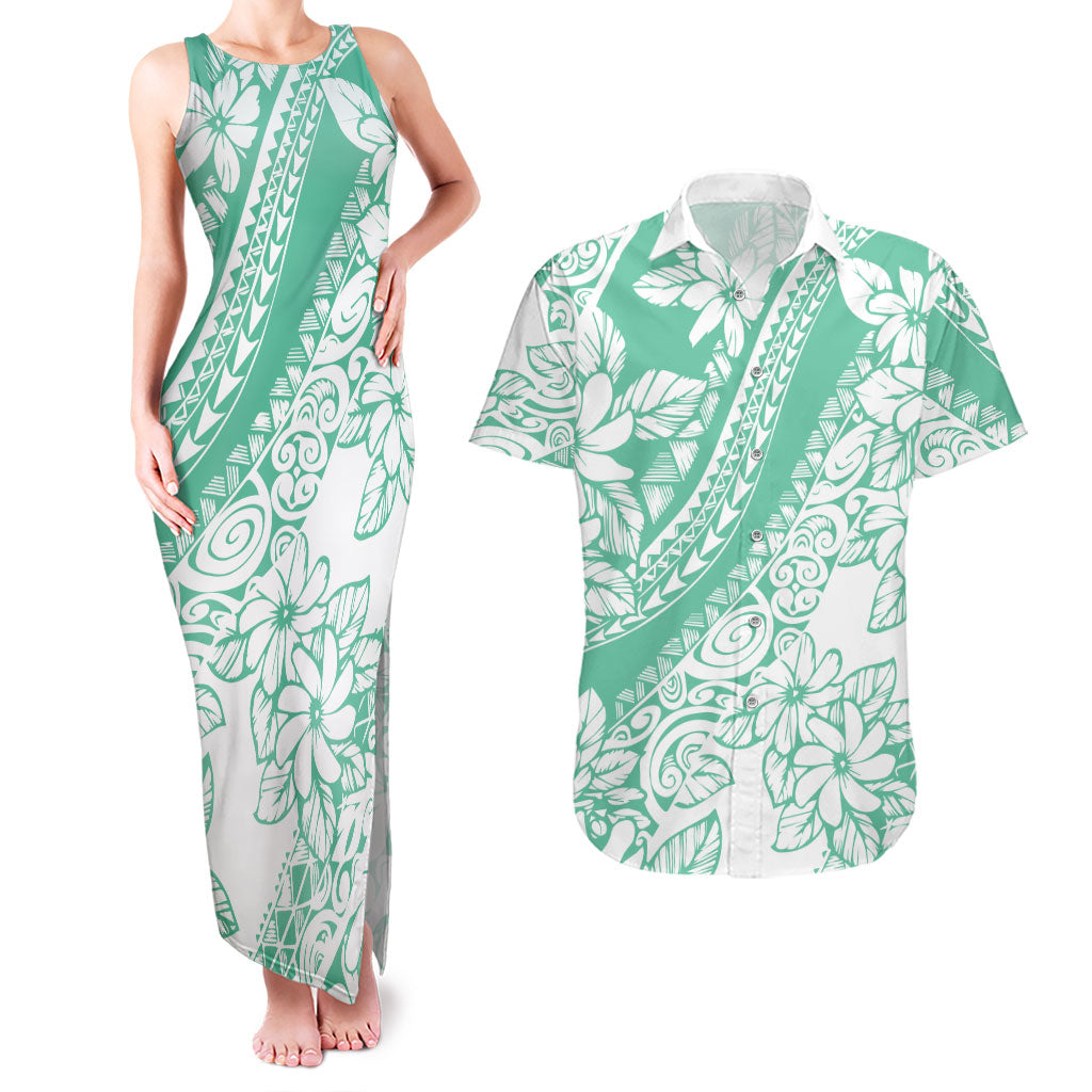 Polynesian Tiare Flower Cyan Pastel Vibes Couples Matching Tank Maxi Dress and Hawaiian Shirt