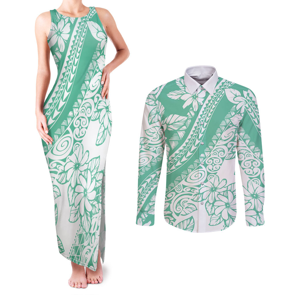 Polynesian Tiare Flower Cyan Pastel Vibes Couples Matching Tank Maxi Dress and Long Sleeve Button Shirt