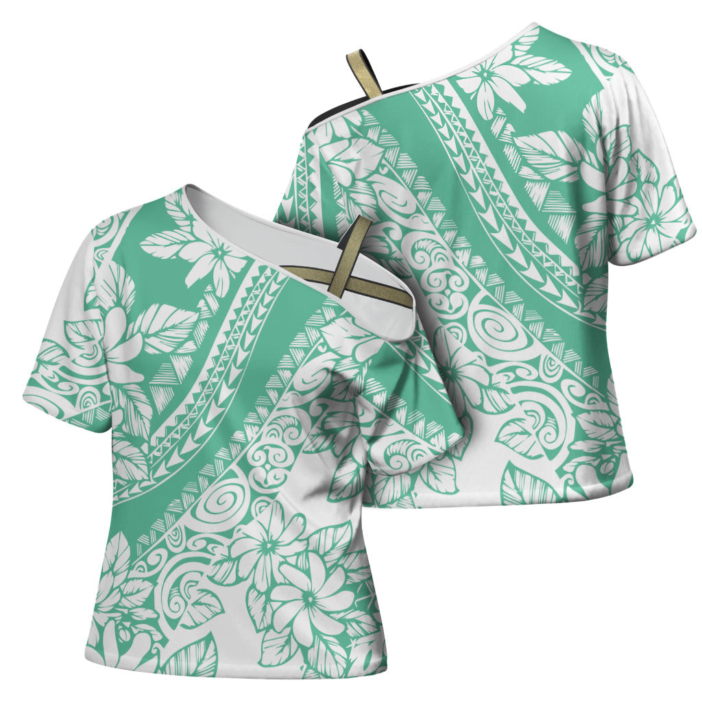 Polynesian Tiare Flower Cyan Pastel Vibes Cross Shoulder Shirt