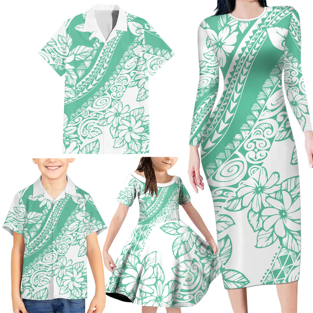 Polynesian Tiare Flower Cyan Pastel Vibes Family Matching Long Sleeve Bodycon Dress and Hawaiian Shirt LT14 - Polynesian Pride