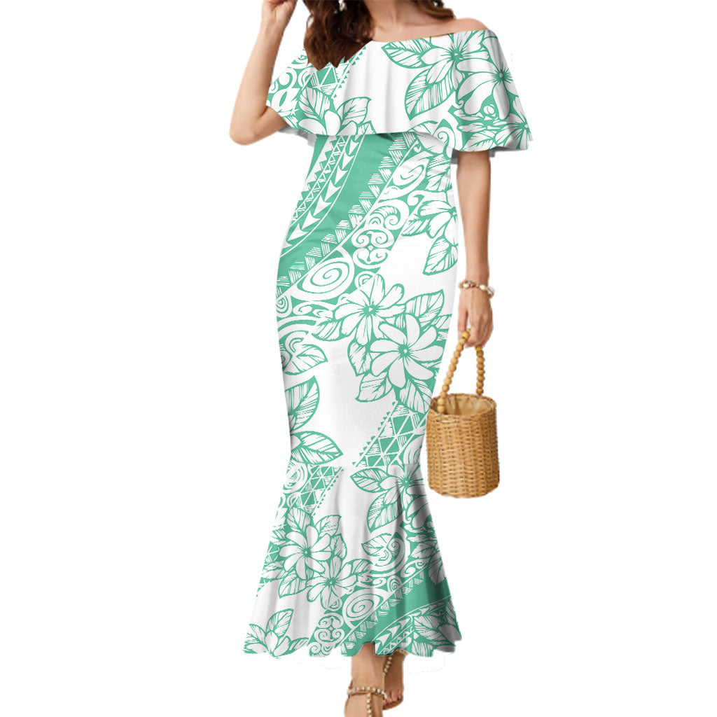 Polynesian Tiare Flower Cyan Pastel Vibes Family Matching Mermaid Dress and Hawaiian Shirt LT14 Mom's Dress Cyan - Polynesian Pride