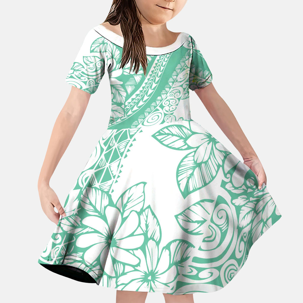 Polynesian Tiare Flower Cyan Pastel Vibes Family Matching Off Shoulder Maxi Dress and Hawaiian Shirt LT14 Daughter's Dress Cyan - Polynesian Pride