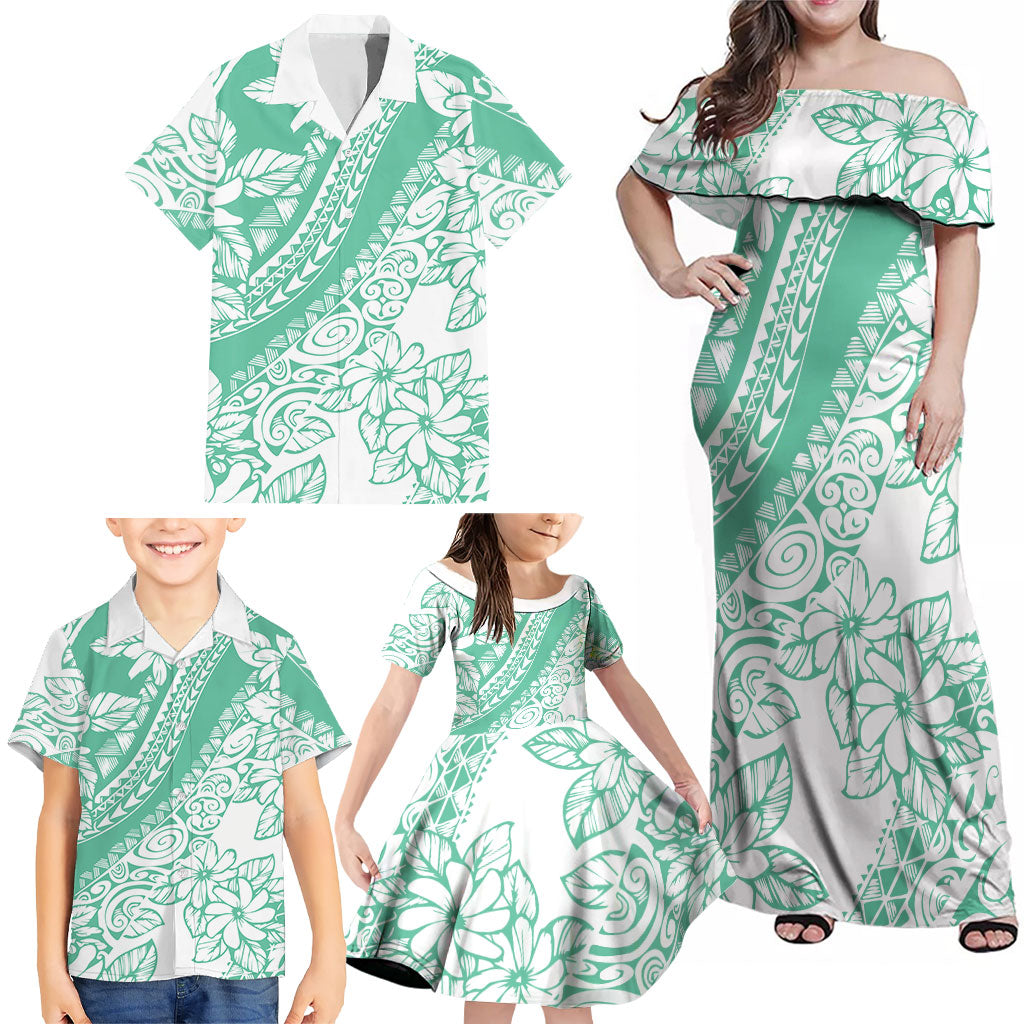 Polynesian Tiare Flower Cyan Pastel Vibes Family Matching Off Shoulder Maxi Dress and Hawaiian Shirt LT14 - Polynesian Pride