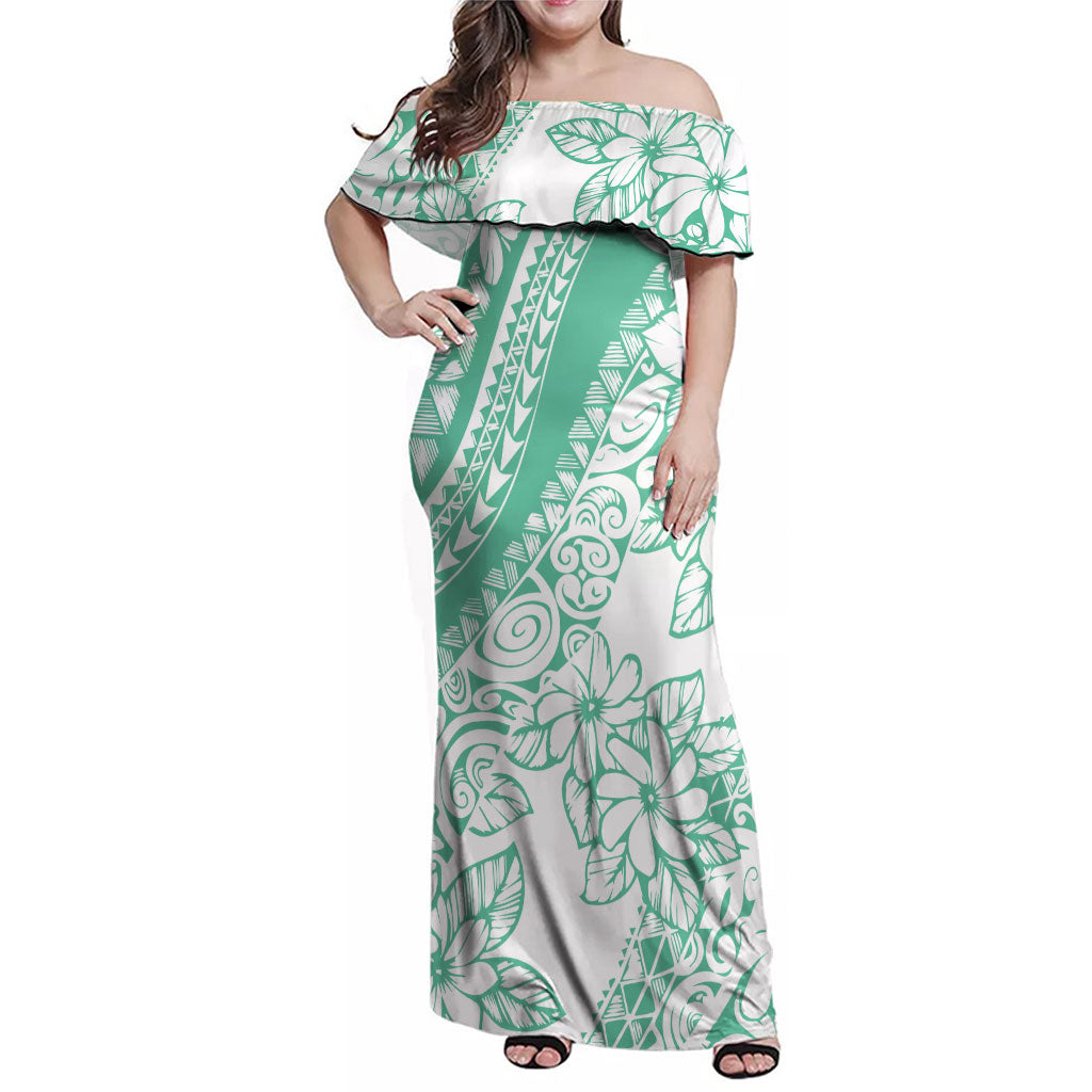 Polynesian Tiare Flower Cyan Pastel Vibes Family Matching Off Shoulder Maxi Dress and Hawaiian Shirt LT14 Mom's Dress Cyan - Polynesian Pride