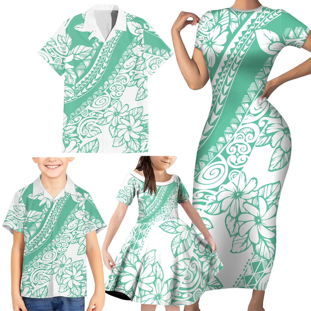 Polynesian Tiare Flower Cyan Pastel Vibes Family Matching Short Sleeve Bodycon Dress and Hawaiian Shirt LT14 - Polynesian Pride