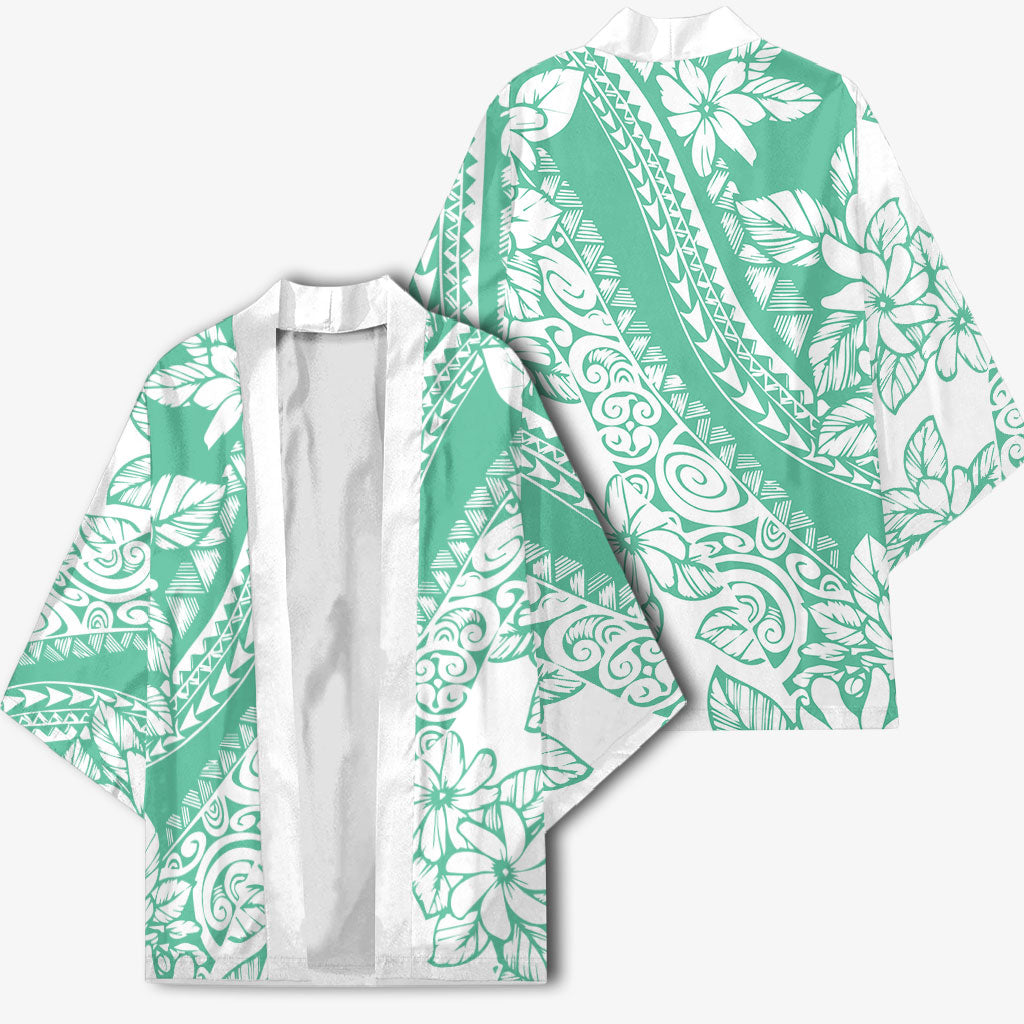 Polynesian Tiare Flower Cyan Pastel Vibes Kimono