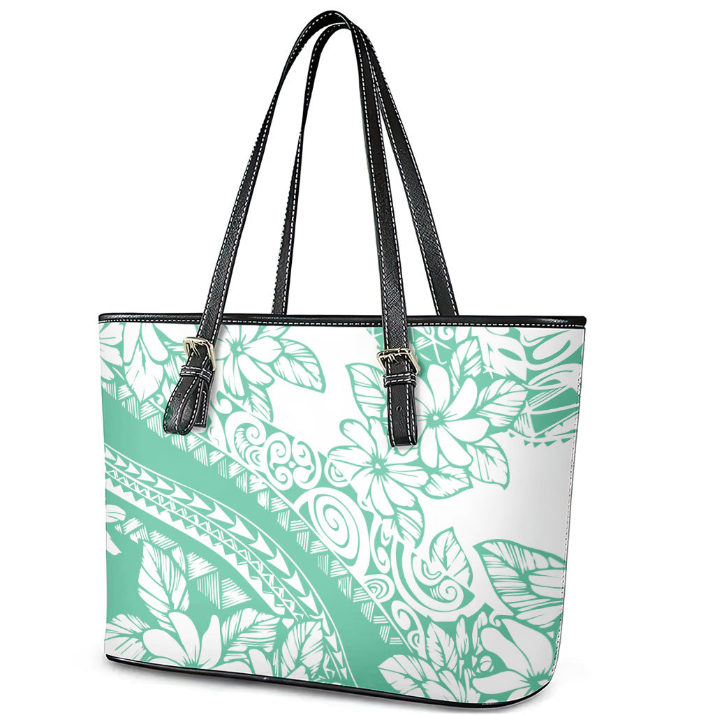 Polynesian Tiare Flower Cyan Pastel Vibes Leather Tote Bag