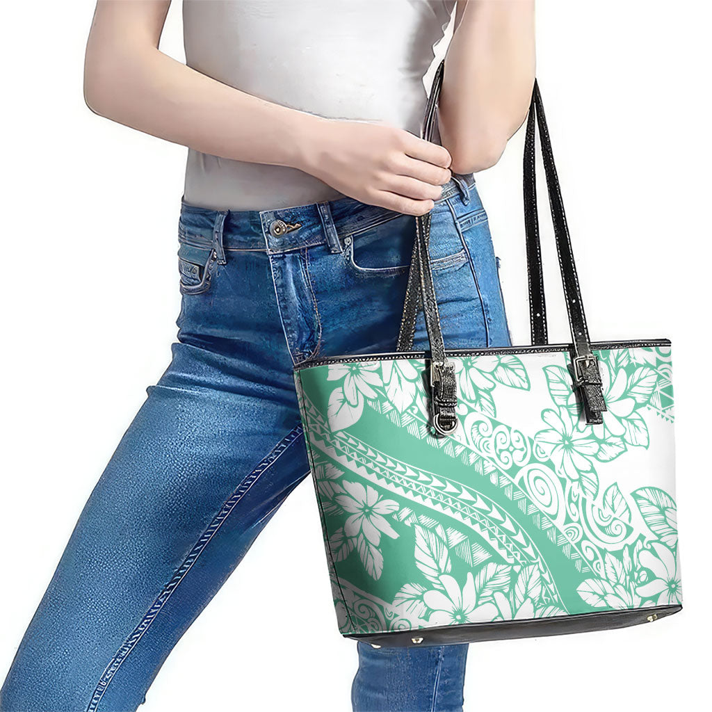 Polynesian Tiare Flower Cyan Pastel Vibes Leather Tote Bag