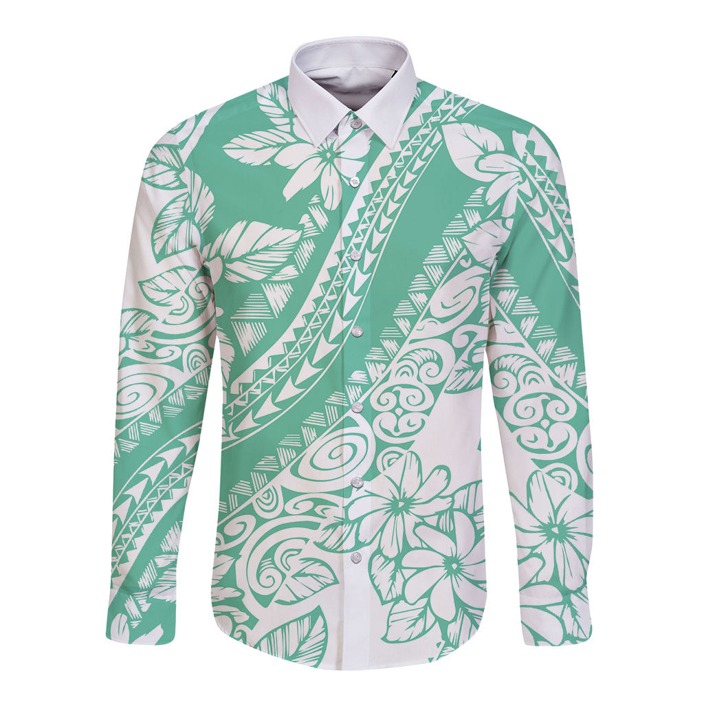 Polynesian Tiare Flower Cyan Pastel Vibes Long Sleeve Button Shirt