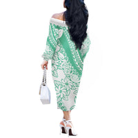 Polynesian Tiare Flower Cyan Pastel Vibes Off The Shoulder Long Sleeve Dress
