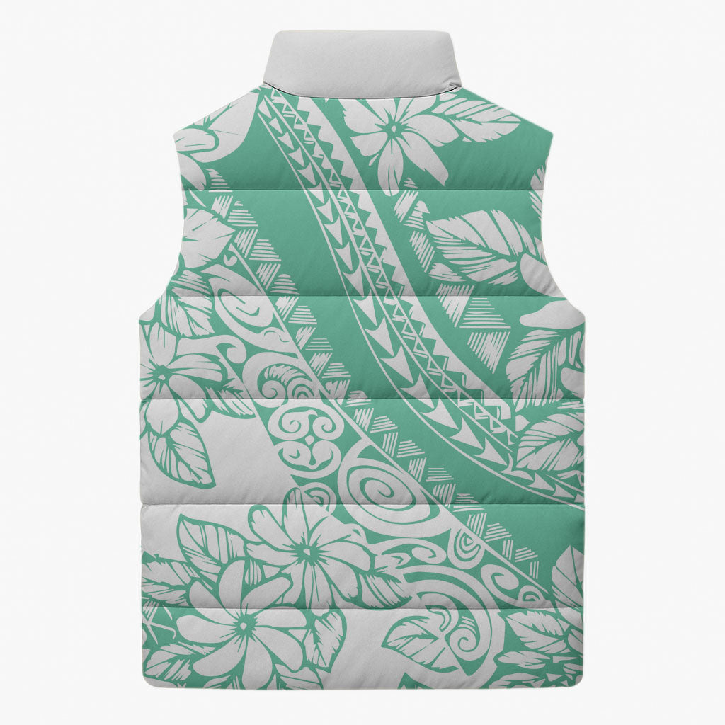 Polynesian Tiare Flower Cyan Pastel Vibes Sleeveless Puffer Jacket