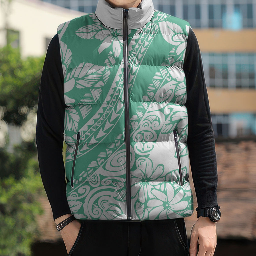 Polynesian Tiare Flower Cyan Pastel Vibes Sleeveless Puffer Jacket