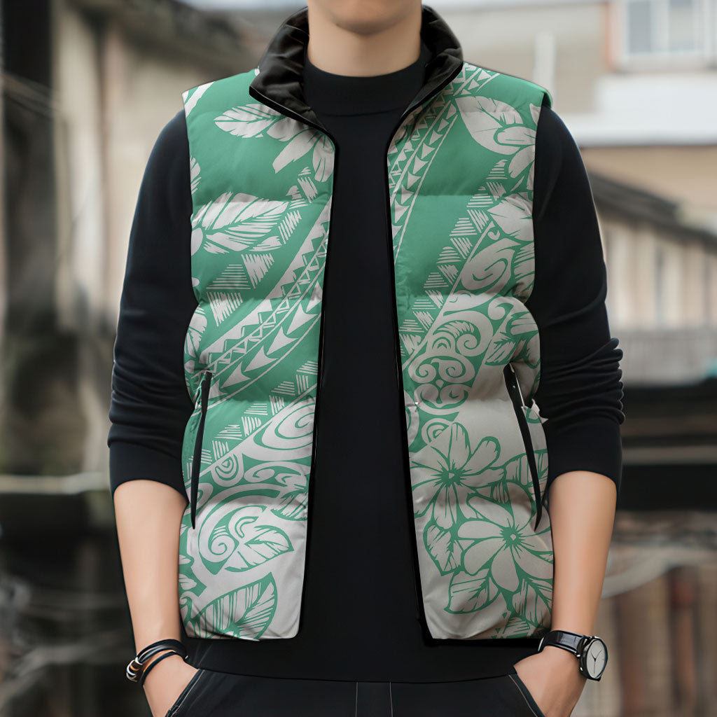Polynesian Tiare Flower Cyan Pastel Vibes Sleeveless Puffer Jacket
