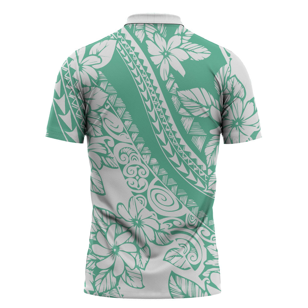 Polynesian Tiare Flower Cyan Pastel Vibes Zipper Polo Shirt
