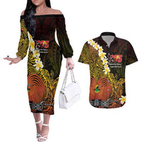 Papua New Guinea 1975 Couples Matching Off The Shoulder Long Sleeve Dress and Hawaiian Shirt Create Our History Inspire Our Future LT14 Black - Polynesian Pride