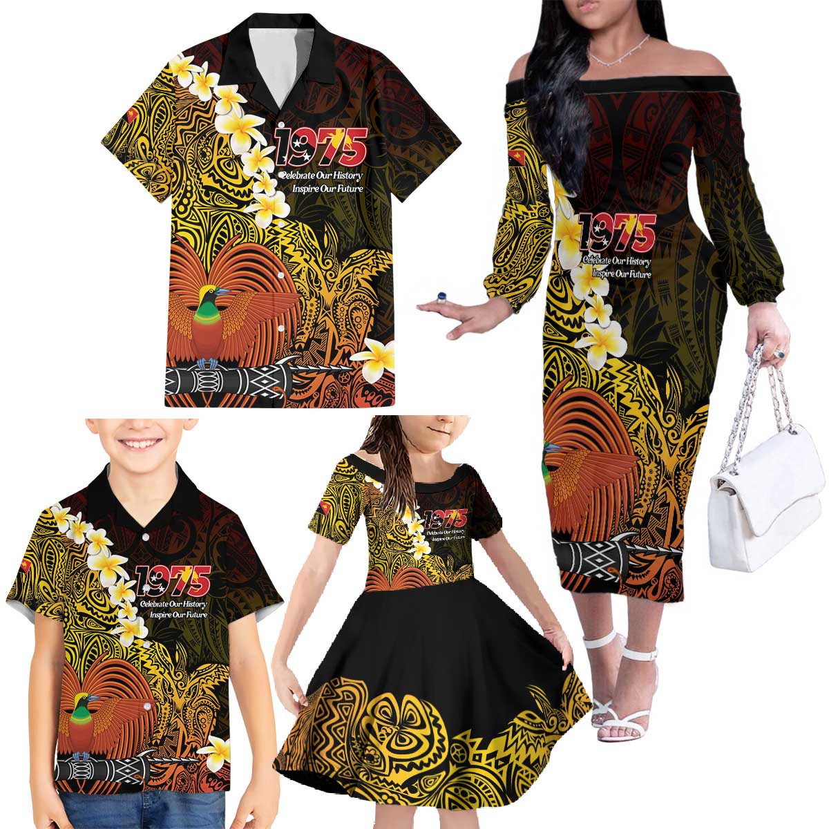 Papua New Guinea 1975 Family Matching Off The Shoulder Long Sleeve Dress and Hawaiian Shirt Create Our History Inspire Our Future LT14 - Polynesian Pride