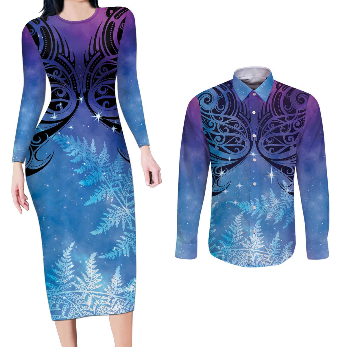 New Zealand Matariki Couples Matching Long Sleeve Bodycon Dress and Long Sleeve Button Shirt Aotearoa Maori New Year Galaxy Maori Silver Fern LT14 Blue - Polynesian Pride