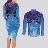 New Zealand Matariki Couples Matching Long Sleeve Bodycon Dress and Long Sleeve Button Shirt Aotearoa Maori New Year Galaxy Maori Silver Fern LT14 - Polynesian Pride