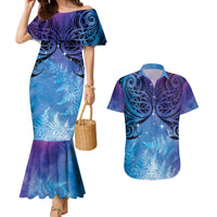 New Zealand Matariki Couples Matching Mermaid Dress and Hawaiian Shirt Aotearoa Maori New Year Galaxy Maori Silver Fern LT14 Blue - Polynesian Pride