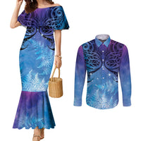 New Zealand Matariki Couples Matching Mermaid Dress and Long Sleeve Button Shirt Aotearoa Maori New Year Galaxy Maori Silver Fern LT14 Blue - Polynesian Pride