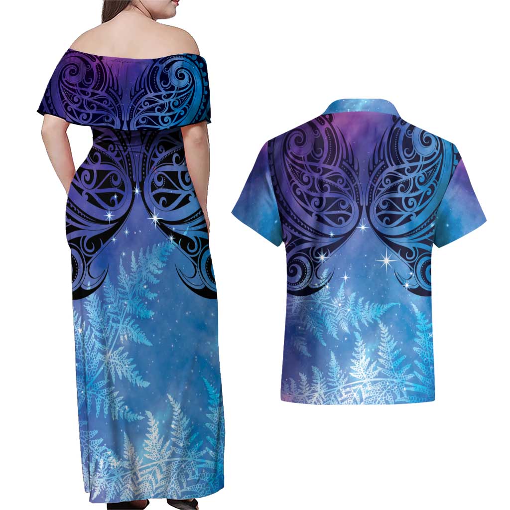 New Zealand Matariki Couples Matching Off Shoulder Maxi Dress and Hawaiian Shirt Aotearoa Maori New Year Galaxy Maori Silver Fern LT14 - Polynesian Pride