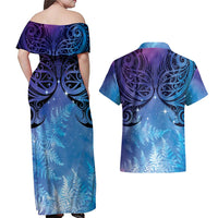 New Zealand Matariki Couples Matching Off Shoulder Maxi Dress and Hawaiian Shirt Aotearoa Maori New Year Galaxy Maori Silver Fern LT14 - Polynesian Pride
