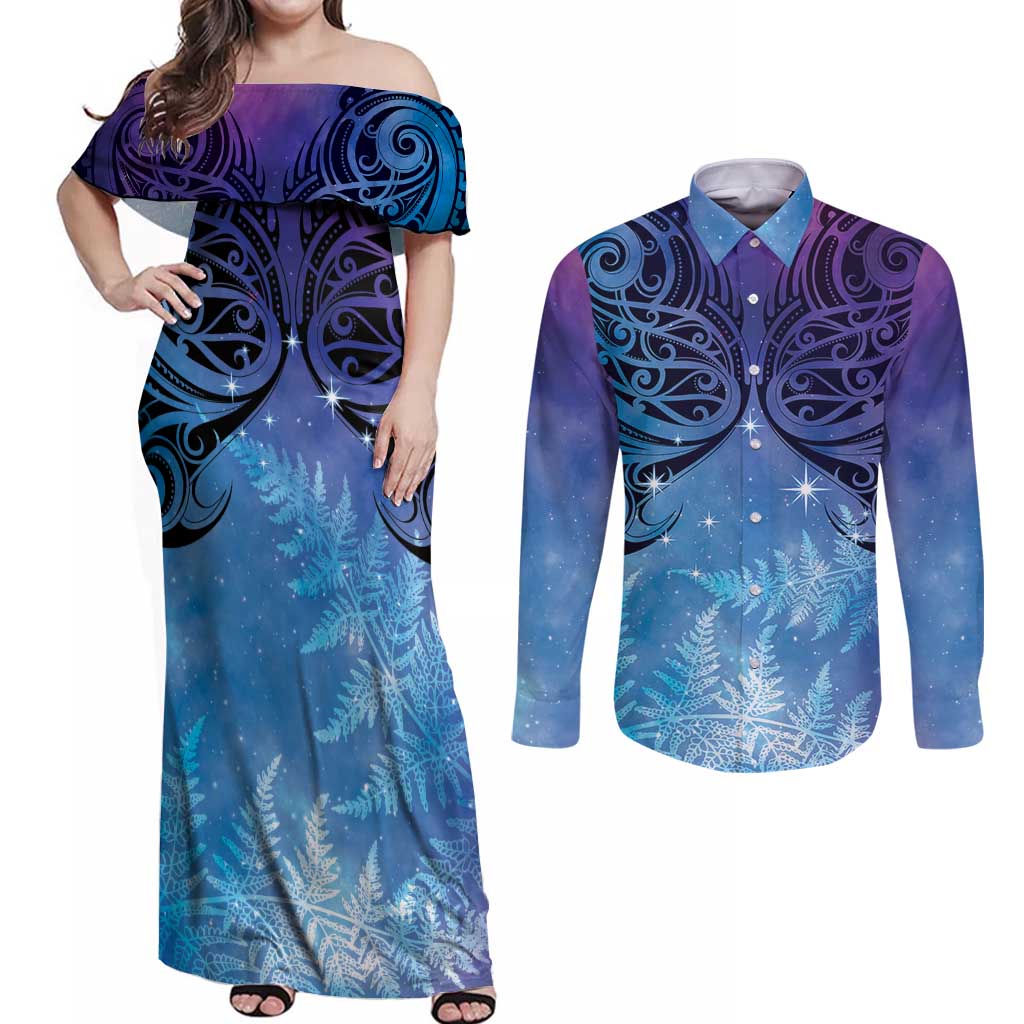 New Zealand Matariki Couples Matching Off Shoulder Maxi Dress and Long Sleeve Button Shirt Aotearoa Maori New Year Galaxy Maori Silver Fern LT14 Blue - Polynesian Pride