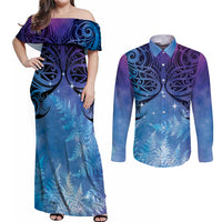 New Zealand Matariki Couples Matching Off Shoulder Maxi Dress and Long Sleeve Button Shirt Aotearoa Maori New Year Galaxy Maori Silver Fern LT14 Blue - Polynesian Pride