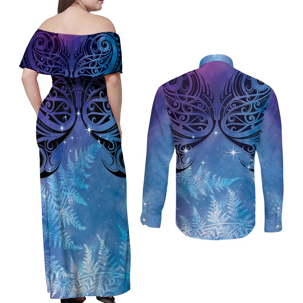 New Zealand Matariki Couples Matching Off Shoulder Maxi Dress and Long Sleeve Button Shirt Aotearoa Maori New Year Galaxy Maori Silver Fern LT14 - Polynesian Pride