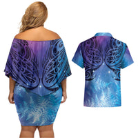 New Zealand Matariki Couples Matching Off Shoulder Short Dress and Hawaiian Shirt Aotearoa Maori New Year Galaxy Maori Silver Fern LT14 - Polynesian Pride