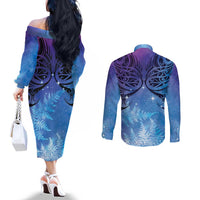 New Zealand Matariki Couples Matching Off The Shoulder Long Sleeve Dress and Long Sleeve Button Shirt Aotearoa Maori New Year Galaxy Maori Silver Fern LT14 - Polynesian Pride