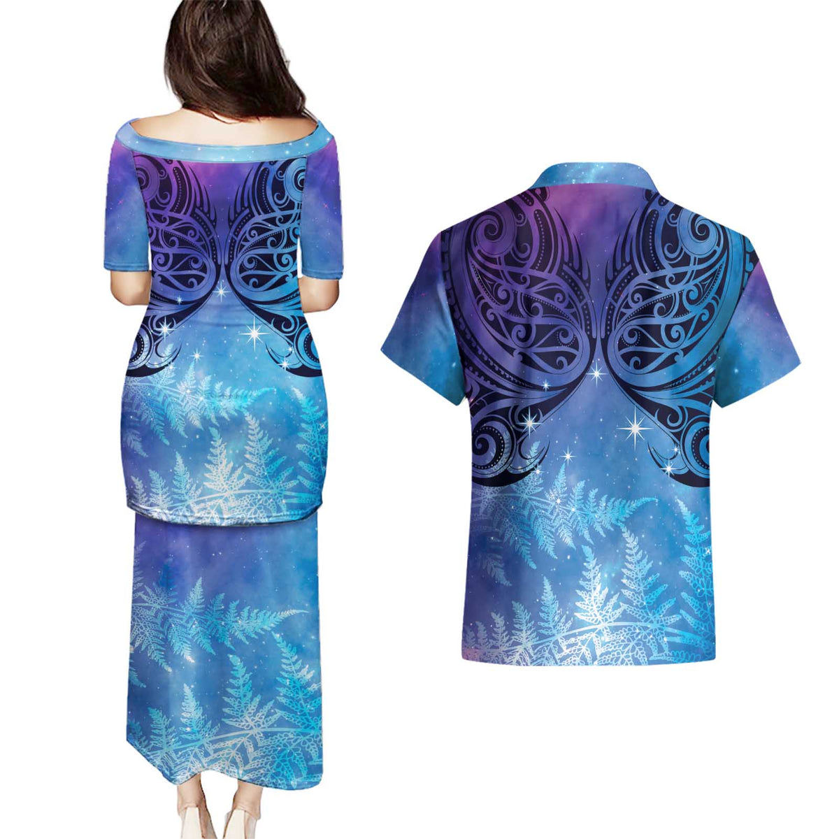 New Zealand Matariki Couples Matching Puletasi and Hawaiian Shirt Aotearoa Maori New Year Galaxy Maori Silver Fern LT14 - Polynesian Pride