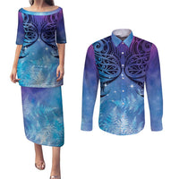New Zealand Matariki Couples Matching Puletasi and Long Sleeve Button Shirt Aotearoa Maori New Year Galaxy Maori Silver Fern LT14 Blue - Polynesian Pride