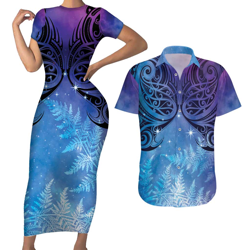 New Zealand Matariki Couples Matching Short Sleeve Bodycon Dress and Hawaiian Shirt Aotearoa Maori New Year Galaxy Maori Silver Fern LT14 Blue - Polynesian Pride