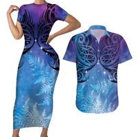 New Zealand Matariki Couples Matching Short Sleeve Bodycon Dress and Hawaiian Shirt Aotearoa Maori New Year Galaxy Maori Silver Fern LT14 Blue - Polynesian Pride