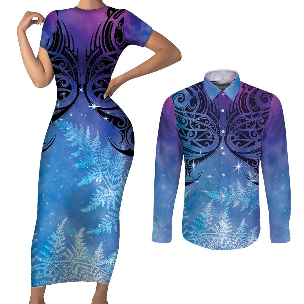 New Zealand Matariki Couples Matching Short Sleeve Bodycon Dress and Long Sleeve Button Shirt Aotearoa Maori New Year Galaxy Maori Silver Fern LT14 Blue - Polynesian Pride