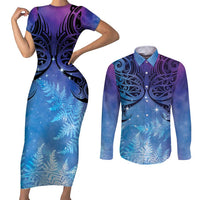 New Zealand Matariki Couples Matching Short Sleeve Bodycon Dress and Long Sleeve Button Shirt Aotearoa Maori New Year Galaxy Maori Silver Fern LT14 Blue - Polynesian Pride