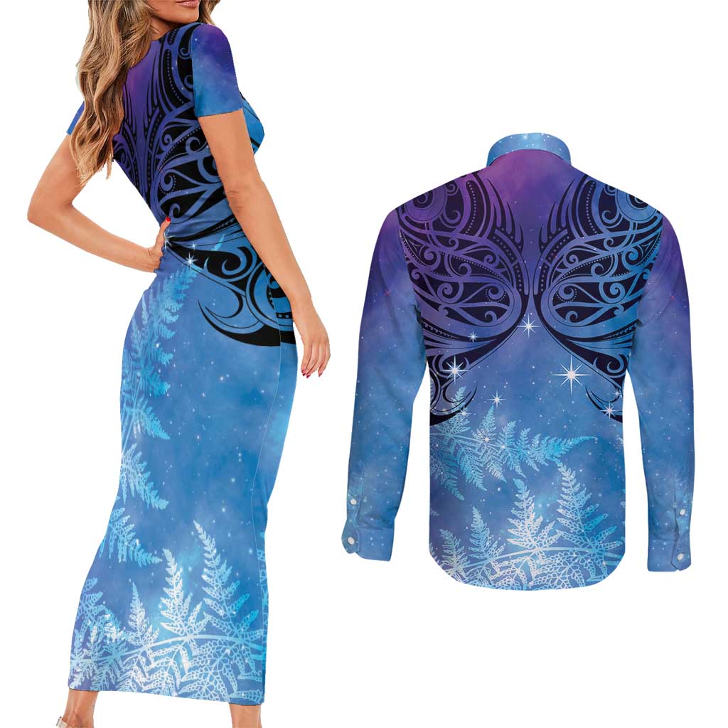 New Zealand Matariki Couples Matching Short Sleeve Bodycon Dress and Long Sleeve Button Shirt Aotearoa Maori New Year Galaxy Maori Silver Fern LT14 - Polynesian Pride