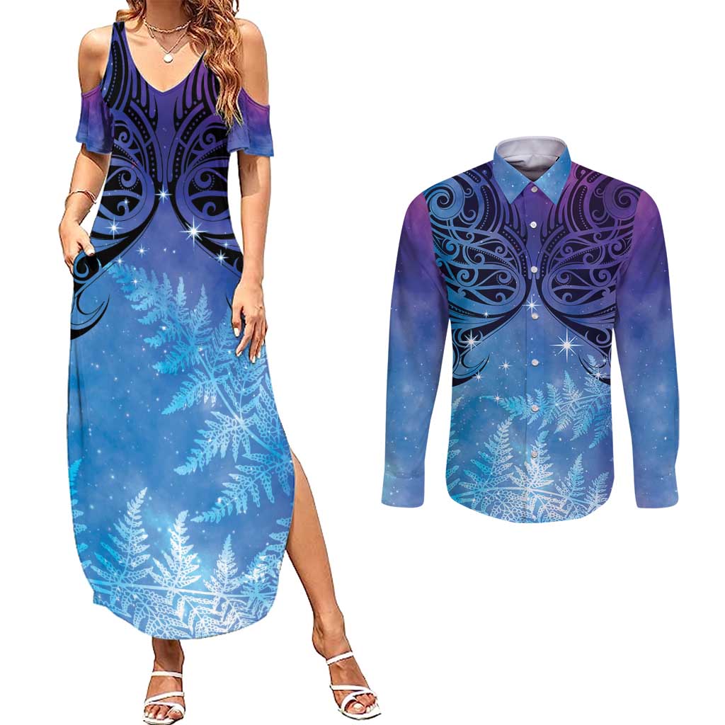 New Zealand Matariki Couples Matching Summer Maxi Dress and Long Sleeve Button Shirt Aotearoa Maori New Year Galaxy Maori Silver Fern LT14 Blue - Polynesian Pride