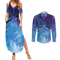 New Zealand Matariki Couples Matching Summer Maxi Dress and Long Sleeve Button Shirt Aotearoa Maori New Year Galaxy Maori Silver Fern LT14 Blue - Polynesian Pride