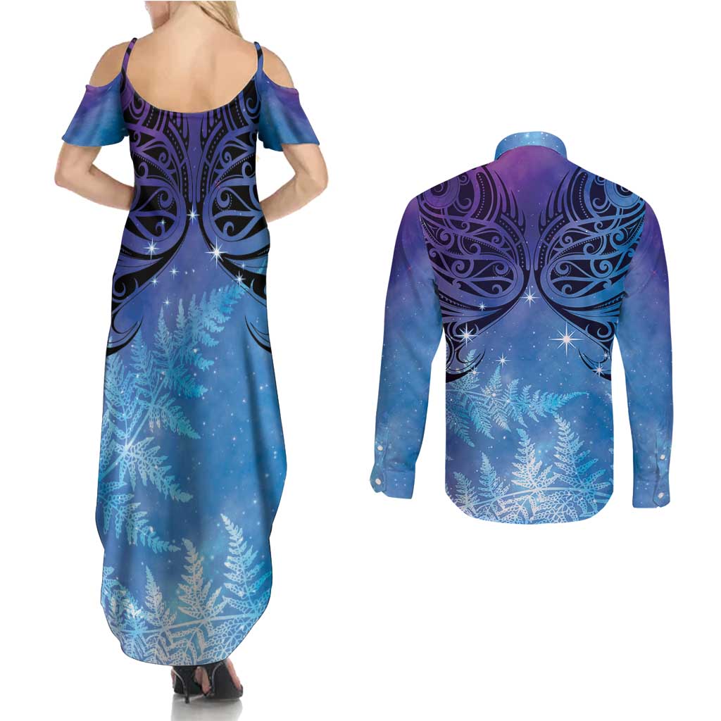 New Zealand Matariki Couples Matching Summer Maxi Dress and Long Sleeve Button Shirt Aotearoa Maori New Year Galaxy Maori Silver Fern LT14 - Polynesian Pride