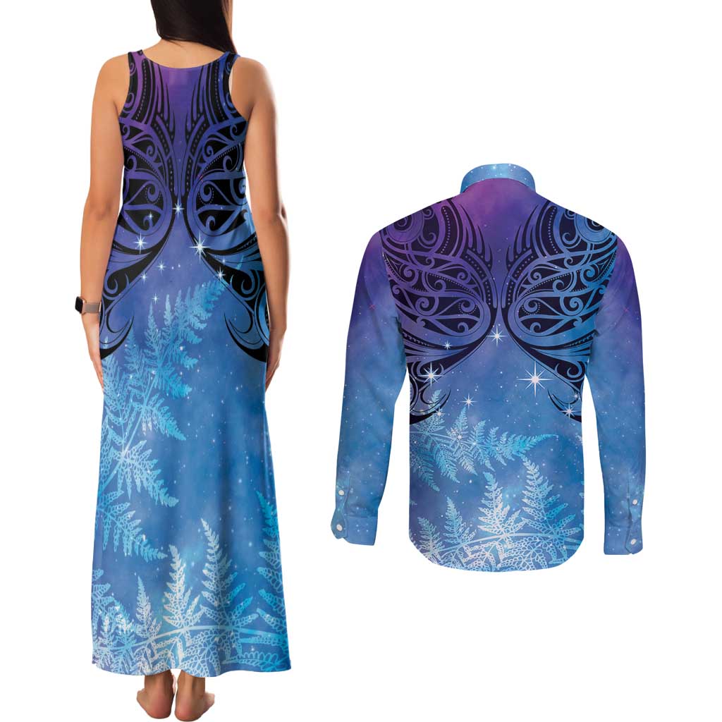New Zealand Matariki Couples Matching Tank Maxi Dress and Long Sleeve Button Shirt Aotearoa Maori New Year Galaxy Maori Silver Fern LT14 - Polynesian Pride
