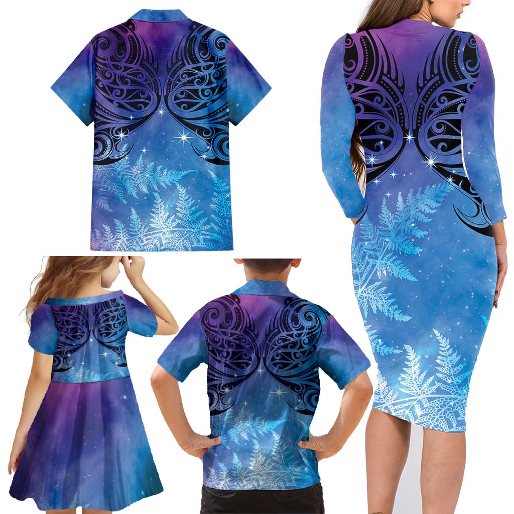 New Zealand Matariki Family Matching Long Sleeve Bodycon Dress and Hawaiian Shirt Aotearoa Maori New Year Galaxy Maori Silver Fern LT14 - Polynesian Pride