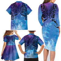 New Zealand Matariki Family Matching Long Sleeve Bodycon Dress and Hawaiian Shirt Aotearoa Maori New Year Galaxy Maori Silver Fern LT14 - Polynesian Pride