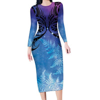 New Zealand Matariki Family Matching Long Sleeve Bodycon Dress and Hawaiian Shirt Aotearoa Maori New Year Galaxy Maori Silver Fern LT14 Mom's Dress Blue - Polynesian Pride
